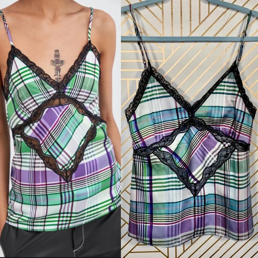 Zara Check Plaid Lace-Trimmed Camisole Top